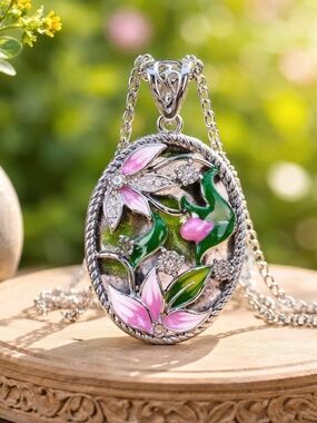 Leaves Flower Enameled Silver Pendant with Cubics , Cloisonné